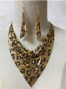 欧美三角巾亮珠片丝巾假领项链套装 个性夸张锁骨项链耳环耳坠女