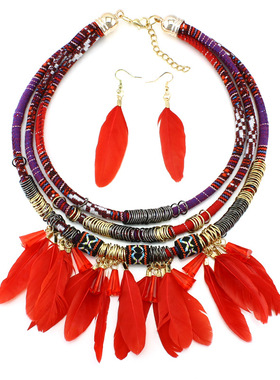 波西米亚风编织羽毛项链