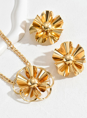 简约时尚轻奢风花朵项链耳环女个性夸张耳钉小众设计百搭颈链
