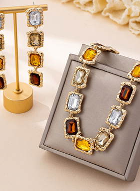 欧美复古镶钻锆石项链耳钉套装｜