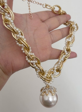 韩国粗麻花大珍珠镶钻夸张短款女