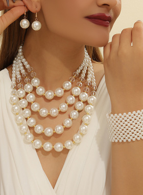 necklace欧美热卖复古巴洛克ABS珍珠多层项链耳坠长项链手镯三件