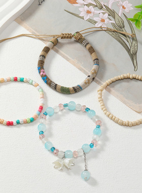 韩版小清新波西米亚风米珠手链彩色简约铃兰花织带多件套女士手链