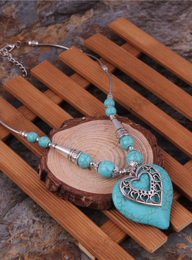 necklace women新款欧美时尚复古项链简约双层爱心绿松石短款合金