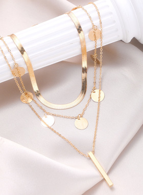 necklace women欧美新款小圆片个性流苏长条吊坠项链叠蛇骨链锁骨