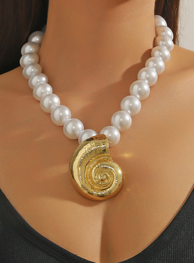欧美海洋度假风波西米亚仿珍珠复古串珠海星海螺吊坠项链necklace