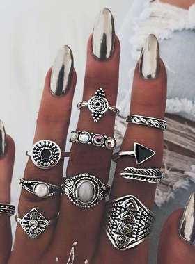 Retro Star Moon Crystal Ring women波西米亚套星星月亮水晶戒指