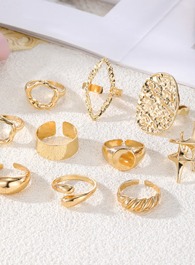 rings women欧美几何金属风熔岩线条戒指10件套个性夸张开口戒指