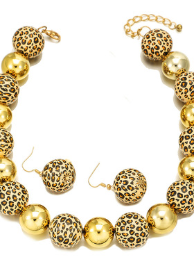 3件套夸张豹纹印花木珠拼圆珠项链耳环手链leopard necklace2025