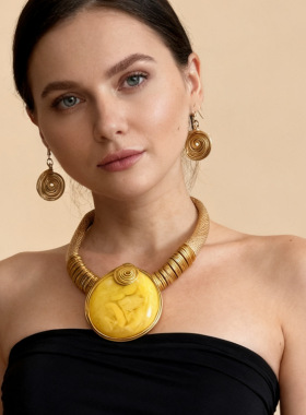 欧美时尚新款树脂椭圆形吊坠青花瓷纹项链耳环几何手镯neckla