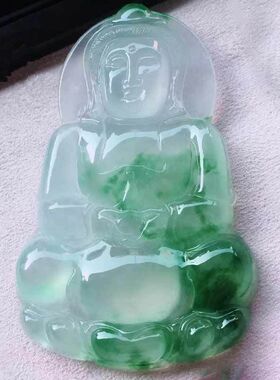 天然翡翠色冰种飘花观音佛公吊坠挂件项链男女款石英岩玉挂件项链