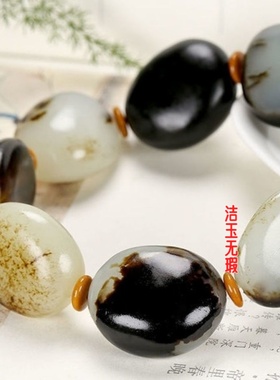 和田玉色黑皮青花手链原石原皮男女款黑羊脂皮高档手串