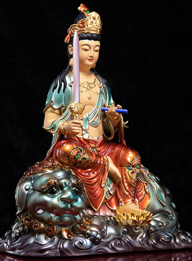 纯铜彩绘文殊普贤菩萨坐像佛像