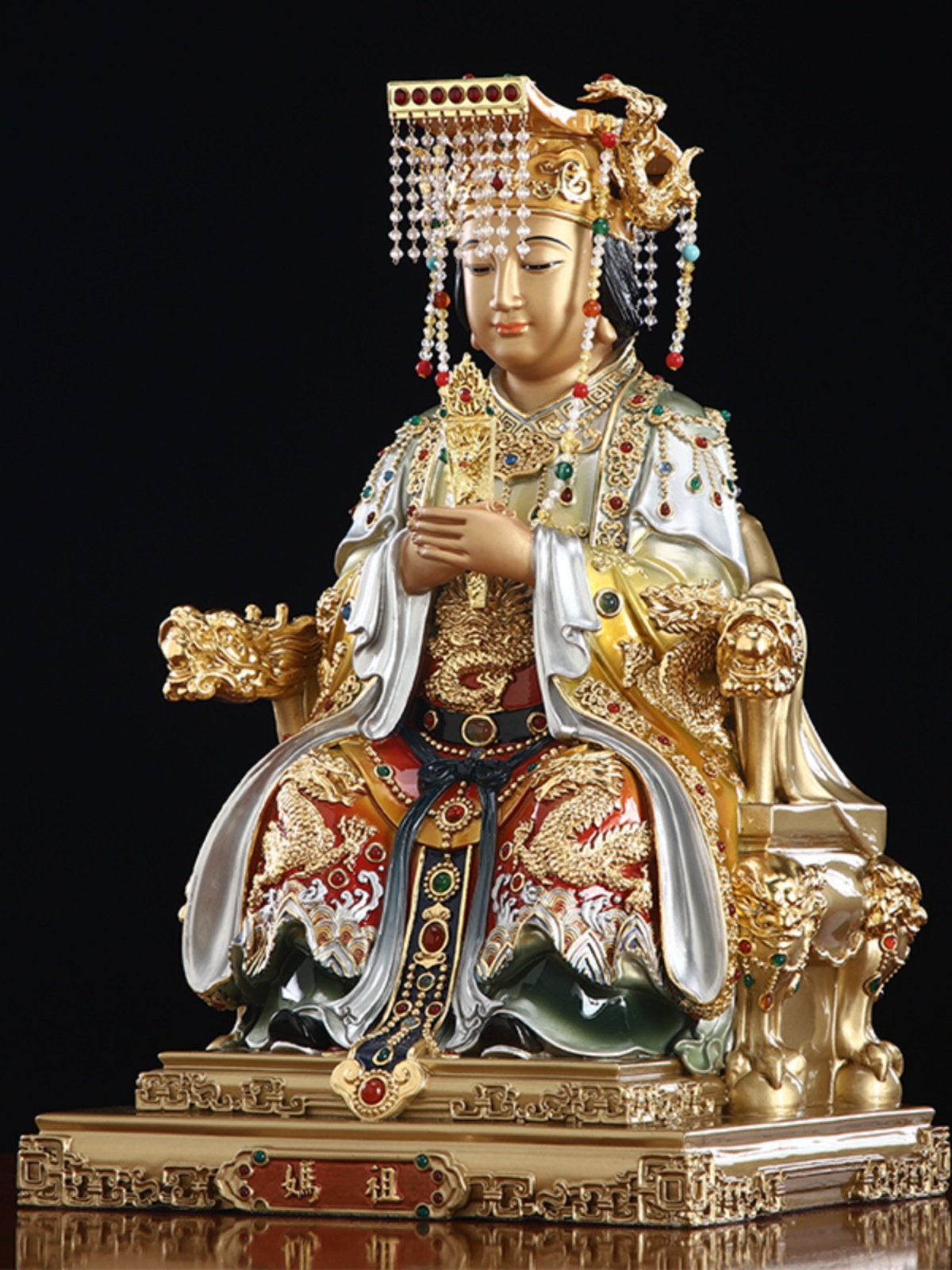 妈祖雕像摆件湄洲妈祖神像天上圣母全铜贴金高温彩绘坐椅天妃海神-图1