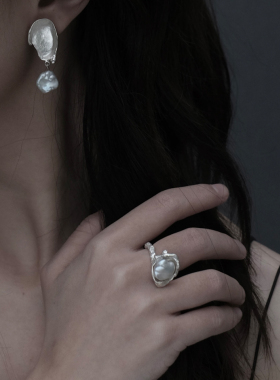 女纯银原创设计异形珍珠戒指