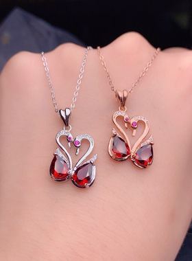 天然纯银红宝石项链节日礼物吊坠