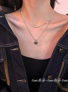 衣双层虎眼石吊坠项链蛇骨链女轻奢百搭高级毛链仿时尚美拉德感风