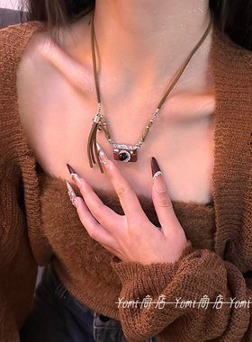可抽拉复古咖色相机项链女美拉德甜酷辣妹风小众个性毛衣链配饰品