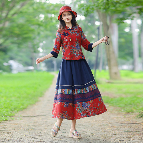 复古风民族风春秋七分袖上衣大摆裙两件套棉麻套装女民国风时尚裙 - 图1