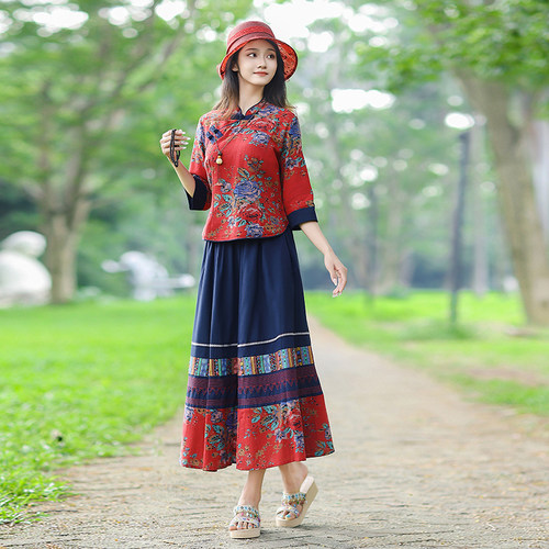 复古风民族风春秋七分袖上衣大摆裙两件套棉麻套装女民国风时尚裙 - 图2