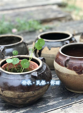 民俗古朴风水培铜钱草老物件