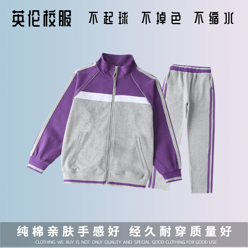 【校徽现货】南京市鼓楼区三牌楼小学 紫色学生运动服短袖T恤校服 - 图0