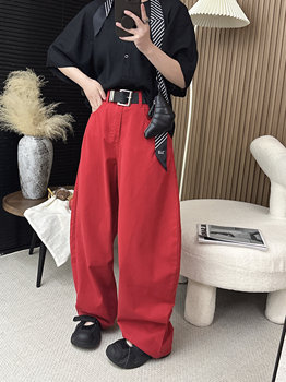 ສະຖານີເອີຣົບ 2024 Summer Thin Scimitar Pants Western Style Burgundy Legs of Lamb Pants Shenzhen Nan Oil Washed Jeans Women