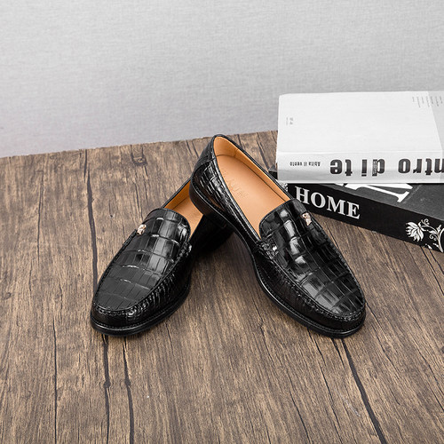 泰国进口鳄鱼皮男鞋一脚蹬正装商务皮鞋真皮底固特异套脚男士皮鞋 - 图0