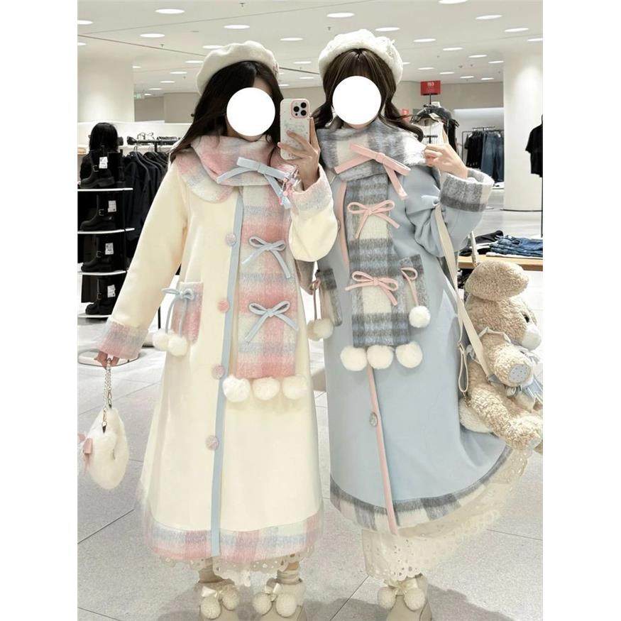 ABC奶油可可 2025冬季可爱甜美蝴蝶结格子甜美少女毛呢大衣+围巾,淘宝优惠券,粉丝福利购,淘宝优惠卷