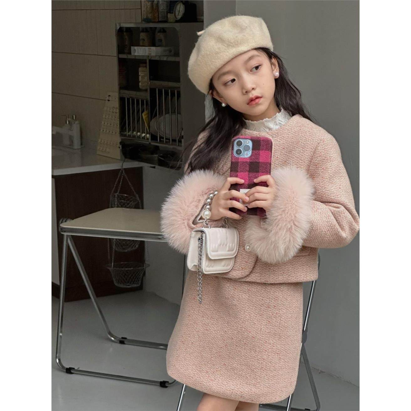 ABC女童小香风套装2024年冬季新款狐狸毛粗花呢夹棉加厚半身裙两,淘宝优惠券,粉丝福利购,淘宝优惠卷