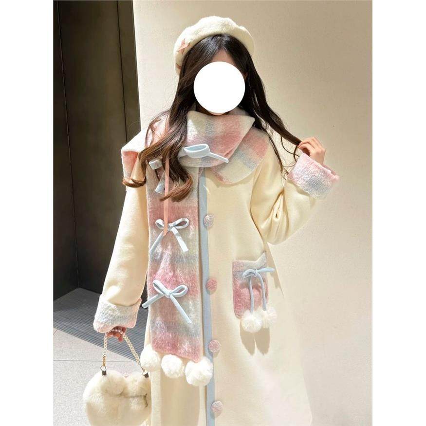 ABC奶油可可 2025冬季可爱甜美蝴蝶结格子甜美少女毛呢大衣+围巾,淘宝优惠券,粉丝福利购,淘宝优惠卷