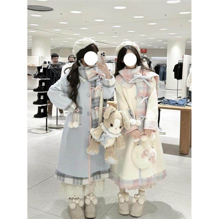 ABC奶油可可 2025冬季可爱甜美蝴蝶结格子甜美少女毛呢大衣+围巾,淘宝优惠券,粉丝福利购,淘宝优惠卷