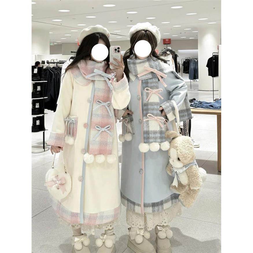 ABC奶油可可 2025冬季可爱甜美蝴蝶结格子甜美少女毛呢大衣+围巾,淘宝优惠券,粉丝福利购,淘宝优惠卷