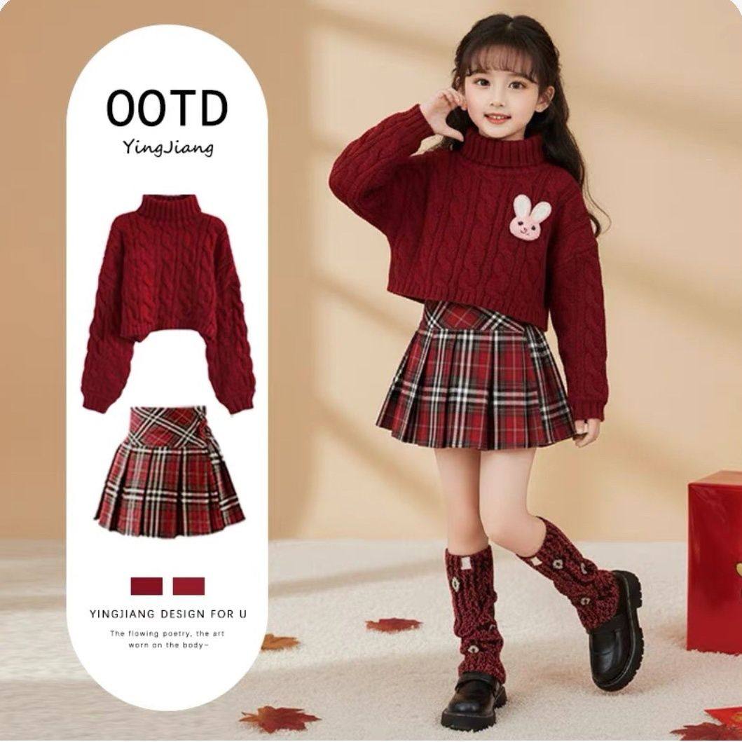 ABC女童红色针织衫高领短款麻花毛衣2026超火冬季大童初中生套装,淘宝优惠券,粉丝福利购,淘宝优惠卷