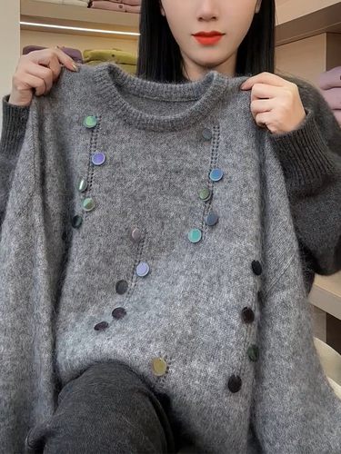 胖mm特大码300斤慵懒风重工亮片灰色毛衣女秋冬设计感宽松针织衫 - 图3