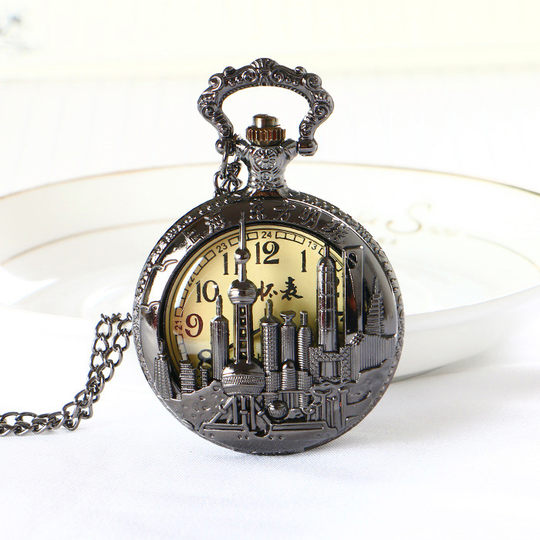 老式金色怀表东方明珠上海旅游景点纪念品翻盖石英项链挂表镂空表