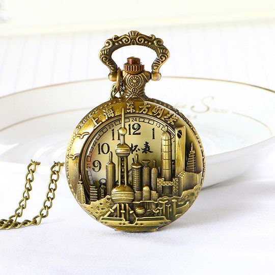 老式金色怀表东方明珠上海旅游景点纪念品翻盖石英项链挂表镂空表