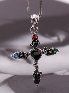 精工时尚镶嵌锆石玫瑰花十字架挂件s925银复古项链挂件银饰配件