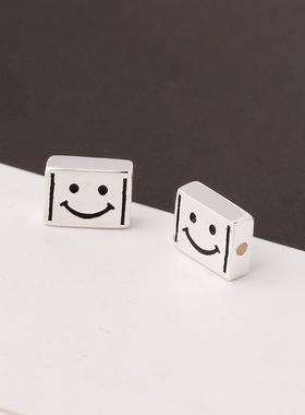 s925纯银实心笑脸方块隔珠横穿手链散珠diy串珠编绳银饰配件ins风