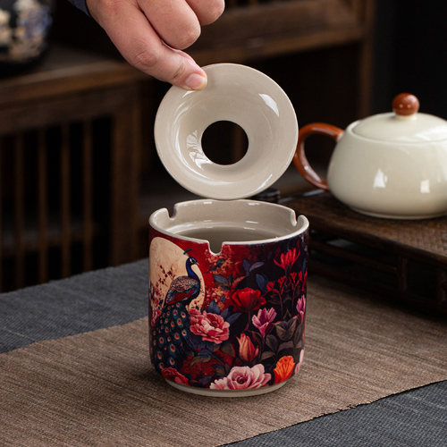 创意陶瓷烟灰缸带盖防风家用客厅时尚个性大号高级办公室复古烟缸 - 图1