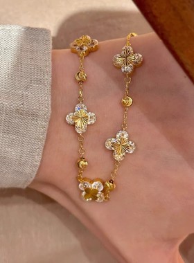 925纯银碎冰冰镭射四叶草手链女18K金色中古风高级感手串ins手饰