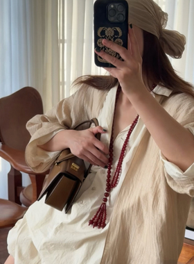 ashui同款红色玛瑙流苏串珠长款项链  Le Sundial时尚博主耳环女