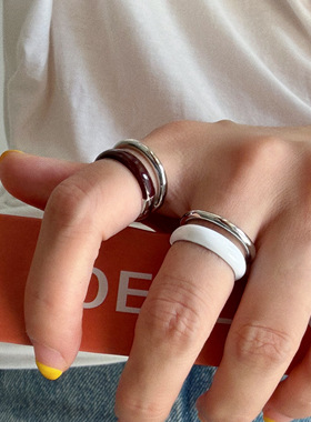 2025年秋冬新款美拉德棕色银色双层极简时髦戒指戒指日常叠戴指环