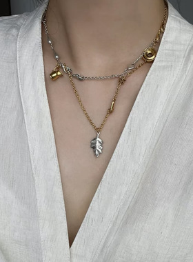 Lemai*小众设计Gold Estampe vintage做旧树叶小手掌双层项链女
