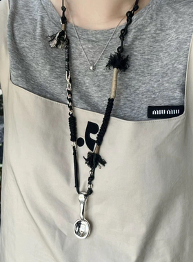 王鹤棣明星同款银色勺子手工编绳项链 卡其色超绝质感毛衣链