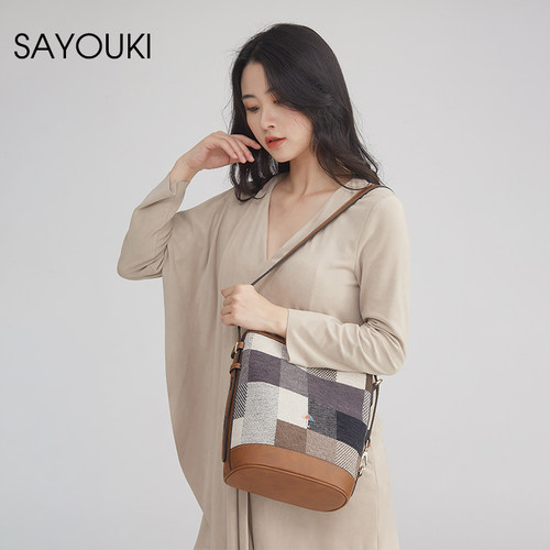 2024新款Sayouki女士水桶包斜挎单肩时尚秋冬托特包女款设计感 - 图0