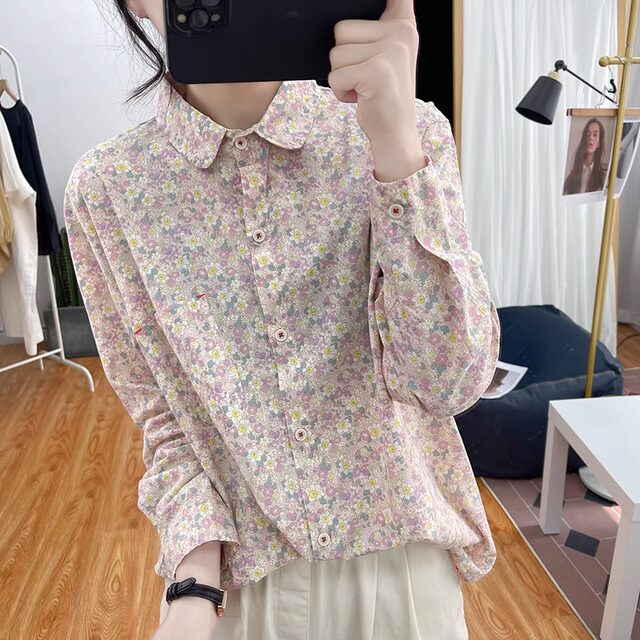 Yuanbao collar ຝ້າຍບໍລິສຸດຂະຫນາດນ້ອຍ floral ເສື້ອແຂນຍາວຂອງແມ່ຍິງເກົາຫຼີວ່າງອາຍຸການຫຼຸດຜ່ອນການເທິງ retro slimming bottoming ເສື້ອພາກຮຽນ spring