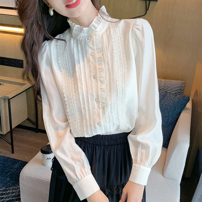 法式高级感木耳边长袖立领衬衫女2025春季新款别致减龄气质白上衣