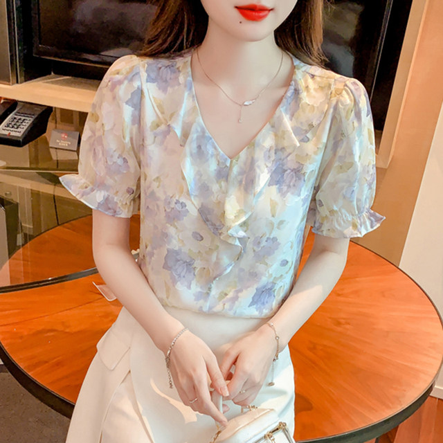 ເຄື່ອງນຸ່ງລະດູຮ້ອນ ruffled floral ຄໍ v ແຂນສັ້ນ snow