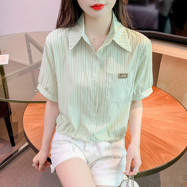 ເສື້ອຢືດ chiffon striped pollar ຝຣັ່ງສໍາລັບແມ່ຍິງ